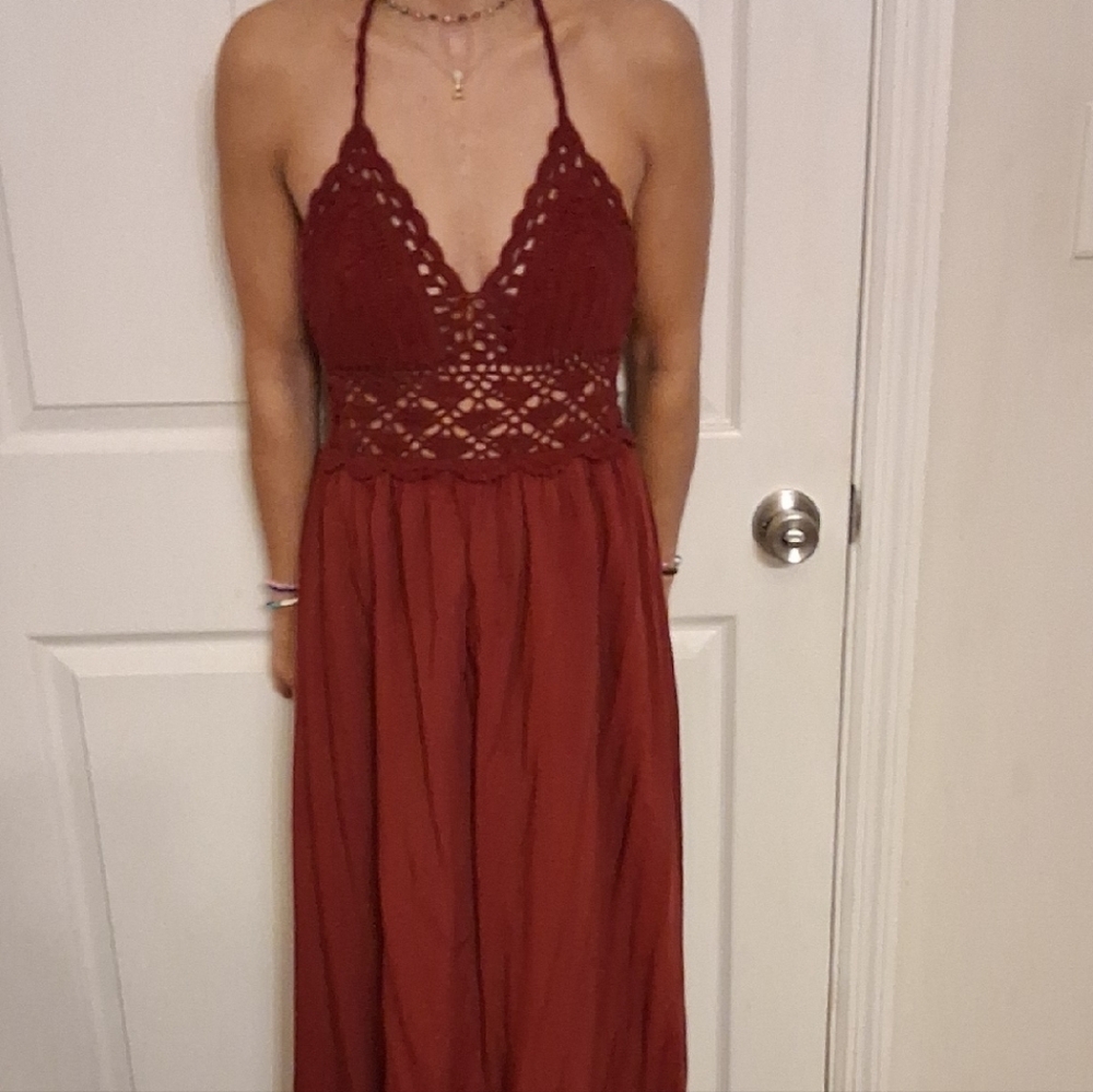 Lilbetter Croshet Maxi Backless Burgundy Halter Dress